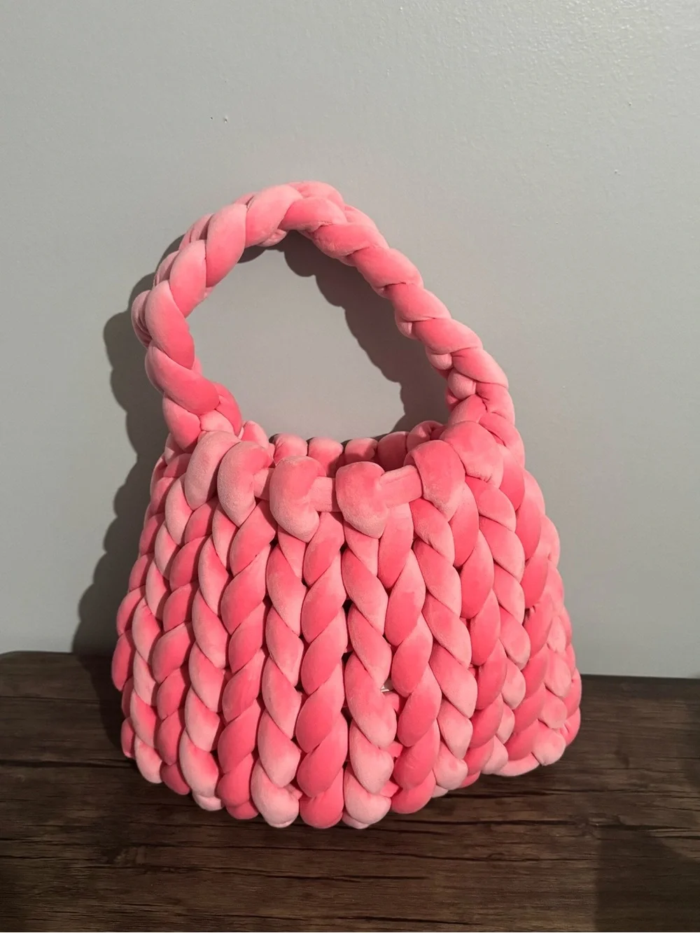 New Velour Handwoven Chunky Knit Pink Tote Bag